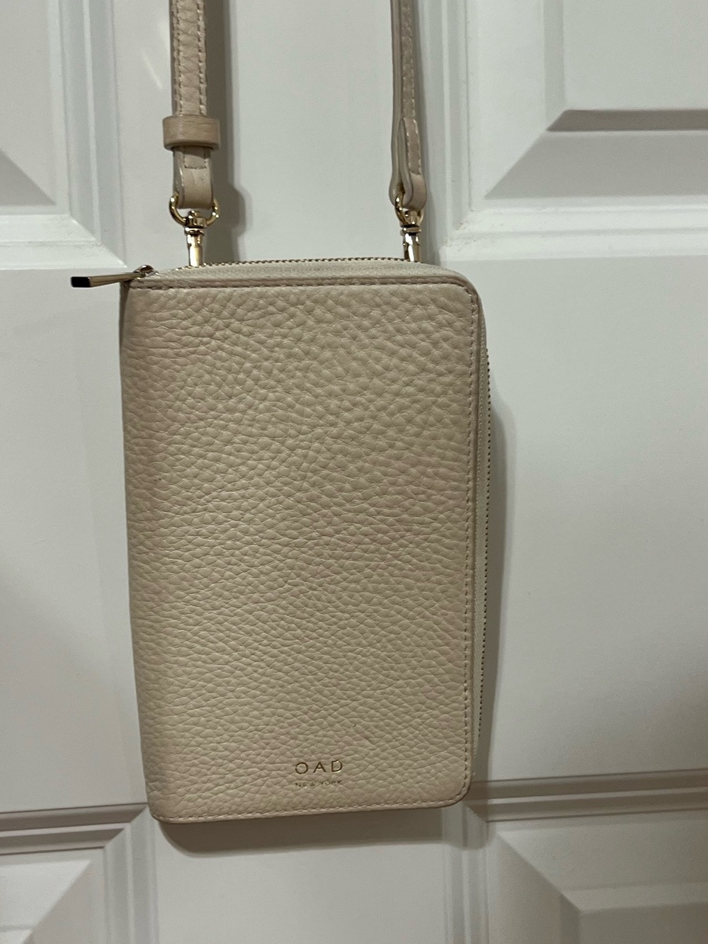 OAD New York Cream Pebbled Leather Zip Wallet with Gold Logo